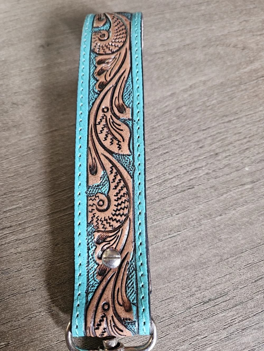 Turquoise Tooled Leather Wristlet Key Fob with Concho -NWOT